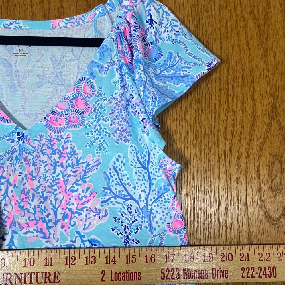Lilly Pulitzer Women Blue Pink Tiered Cotton Knit Coral Print Dress 010158 M - Picture 8 of 8